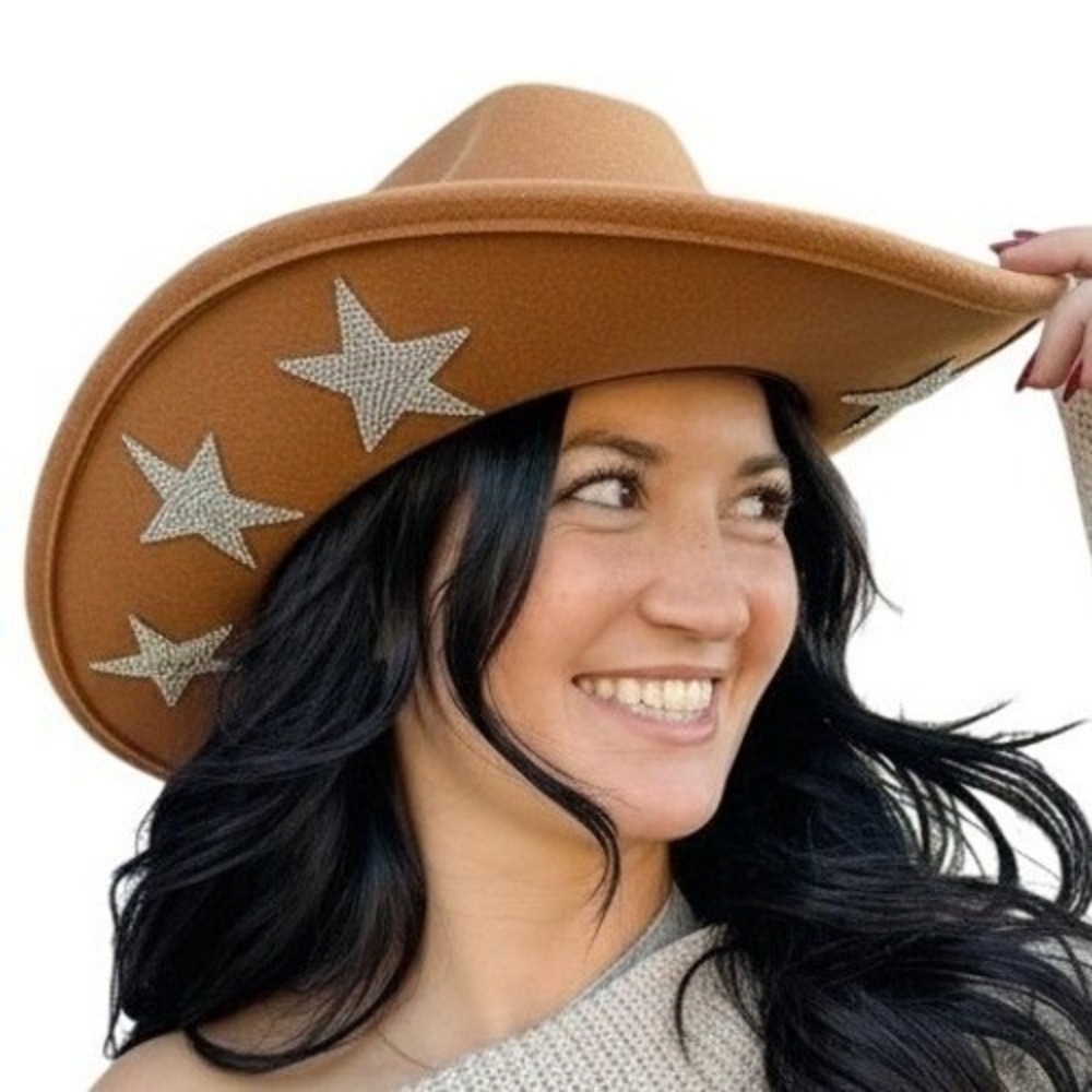 CC BEANIE Sparkly‎ Rhinestone Western Cowboy Hat Tan Silver Stars Women NWT